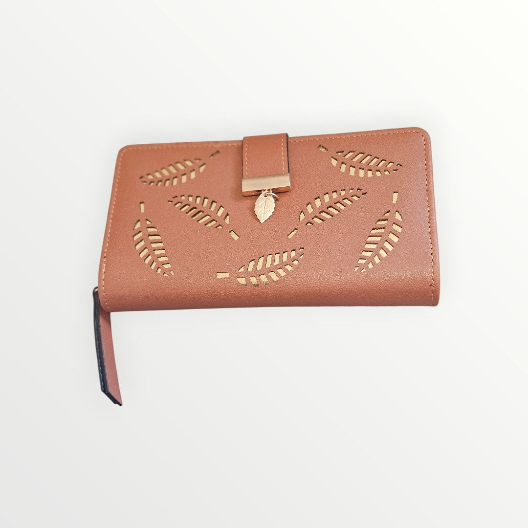 Women's Long Leaf Bifold Wallet Leather Card Holder Purse Zipper