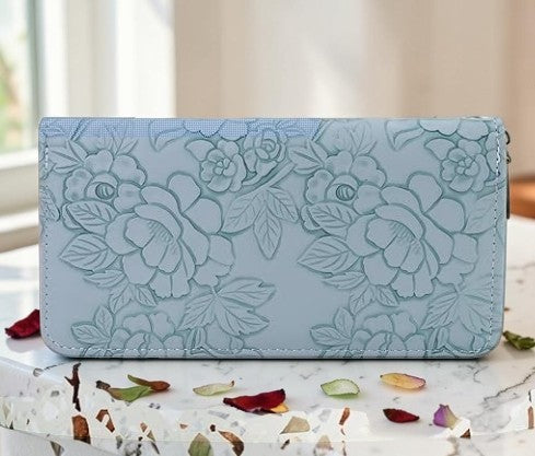 Long Wallet for Woman with Flower Patterns, Fashion Clutch Women Wallet for Travelling, Dating, Shopping, light blue, 7.4 x 3.9 x 0.9 inches