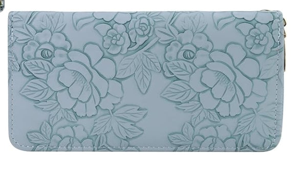 Long Wallet for Woman with Flower Patterns, Fashion Clutch Women Wallet for Travelling, Dating, Shopping, light blue, 7.4 x 3.9 x 0.9 inches