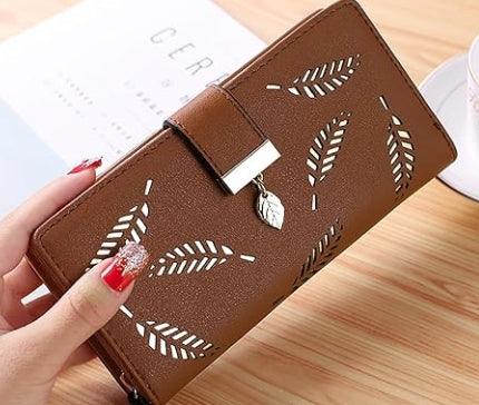 Women's Long Leaf Bifold Wallet Leather Card Holder Purse Zipper