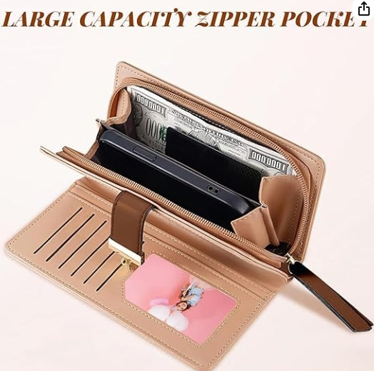 Women's Long Leaf Bifold Wallet Leather Card Holder Purse Zipper