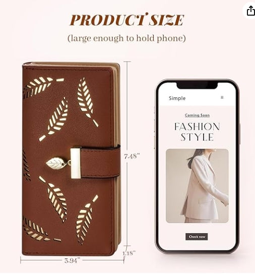 Women's Long Leaf Bifold Wallet Leather Card Holder Purse Zipper