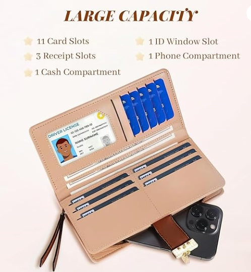 Women's Long Leaf Bifold Wallet Leather Card Holder Purse Zipper