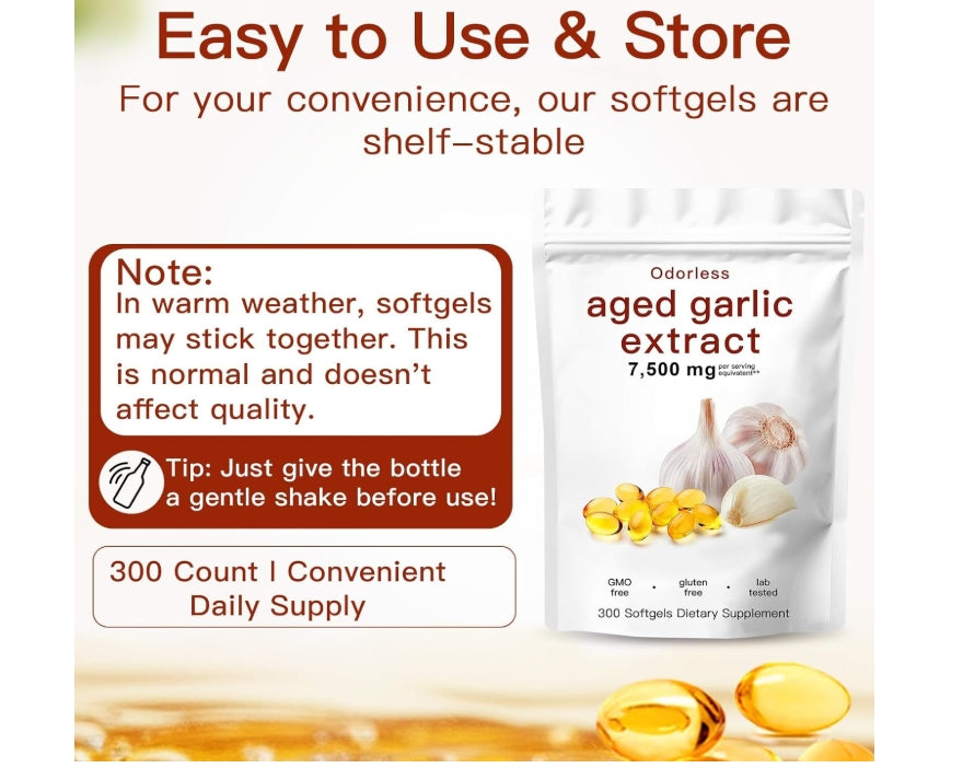 Odorless Aged Garlic Extract 7500mg - 300 Softgels | GMO Free | Gluten Free | Lab Tested